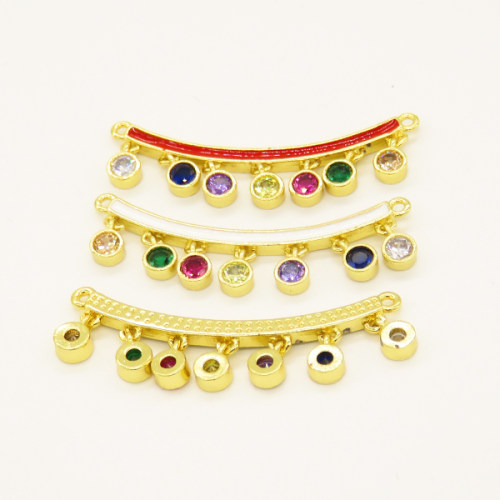 Brass Enamel Links Connectors,with Cubic Zirconia,Bend,with Small Flat Round,Random Mixed Color,32x2mm,Hole:1mm,about 2.39g/pc,5 pcs/package,XFCO01188vbll-L002