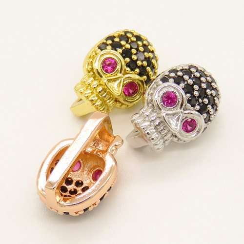 Brass Micro Pave Cubic Zirconia Slide Charms,Skull,for Halloween,Random Mixed Color,13x9mm,Hole:10x2mm,about 1.96g/pc,5 pcs/package,XFPC00684aajl-L002