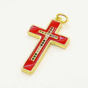 Brass Enamel Pendant,with Cubic Zirconia,Cross,Random Mixed Color,26x16mm,Hole:3.5mm,about 2.10g/pc,5 pcs/package,XFPC00700ablb-L002