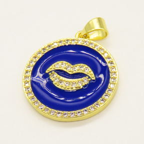 Brass Enamel Pendant,with Cubic Zirconia,Lips,Flat Round,Random Mixed Color,20mm,Hole:3mm,about 3.49g/pc,5 pcs/package,XFPC00722baka-L002