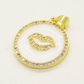Brass Enamel Pendant,with Cubic Zirconia,Lips,Flat Round,Random Mixed Color,20mm,Hole:3mm,about 3.49g/pc,5 pcs/package,XFPC00722baka-L002