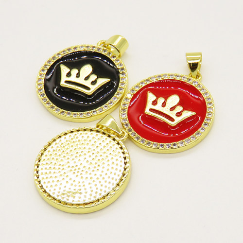 Brass Enamel Pendant,with Cubic Zirconia,Crown,Flat Round,Random Mixed Color,20mm,Hole:3mm,about 3.66g/pc,5 pcs/package,XFPC00726baka-L002