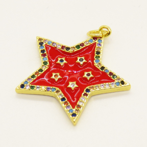 Brass Enamel Pendant,with Cubic Zirconia,Star,Random Mixed Color,24mm,Hole:3.5mm,about 2.56g/pc,5 pcs/package,XFPC00730ablb-L002