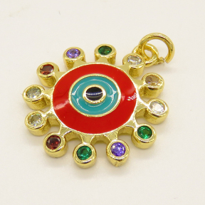 Brass Enamel Pendant,with Cubic Zirconia,Devil's Eye,Flat Round,Random Mixed Color,18mm,Hole:3mm,about 2.40g/pc,5 pcs/package,XFPC00735aajl-L002