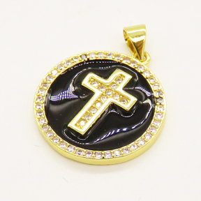 Brass Enamel Pendant,with Cubic Zirconia,Cross,Flat Round,Random Mixed Color,20mm,Hole:3mm,about 3.26g/pc,5 pcs/package,XFPC00742baka-L002