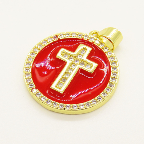 Brass Enamel Pendant,with Cubic Zirconia,Cross,Flat Round,Random Mixed Color,20mm,Hole:3mm,about 3.26g/pc,5 pcs/package,XFPC00742baka-L002