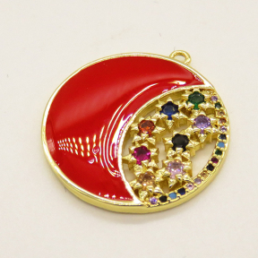 Brass Enamel Pendant,with Cubic Zirconia,Flat Round,Random Mixed Color,24mm,Hole:1.2mm,about 3.90g/pc,5 pcs/package,XFPC00746ablb-L002