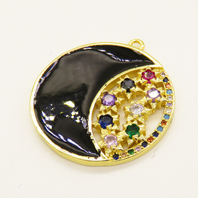 Brass Enamel Pendant,with Cubic Zirconia,Flat Round,Random Mixed Color,24mm,Hole:1.2mm,about 3.90g/pc,5 pcs/package,XFPC00746ablb-L002