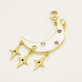 Brass Enamel Pendant,with Cubic Zirconia,Star and moon,Random Mixed Color,27x19mm,Hole:3.5mm,about 4.69g/pc,5 pcs/package,XFPC00773ablb-L002