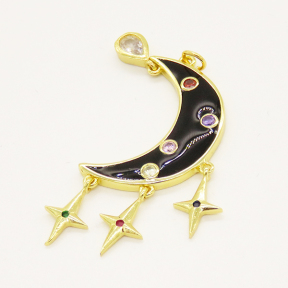 Brass Enamel Pendant,with Cubic Zirconia,Star and moon,Random Mixed Color,27x19mm,Hole:3.5mm,about 4.69g/pc,5 pcs/package,XFPC00773ablb-L002