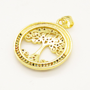 Brass Micro Pave Cubic Zirconia Pendant,Tree,Flat Round,Golden,22mm,Hole:3mm,about 2.88g/pc,5 pcs/package,XFPC00785vbmb-L002