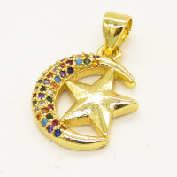 Brass Micro Pave Cubic Zirconia Pendant,Star and moon,Golden,15mm,Hole:3.5mm,about 1.72g/pc,5 pcs/package,XFPC00799aajl-L002