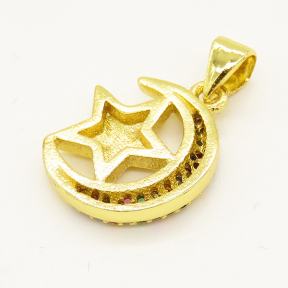 Brass Micro Pave Cubic Zirconia Pendant,Star and moon,Golden,15mm,Hole:3.5mm,about 1.72g/pc,5 pcs/package,XFPC00799aajl-L002
