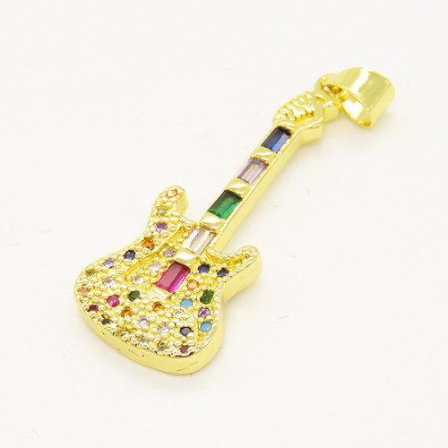 Brass Micro Pave Cubic Zirconia Pendant,Guitar,Golden,32x12mm,Hole:3mm,about 2.25g/pc,5 pcs/package,XFPC00807ablb-L002