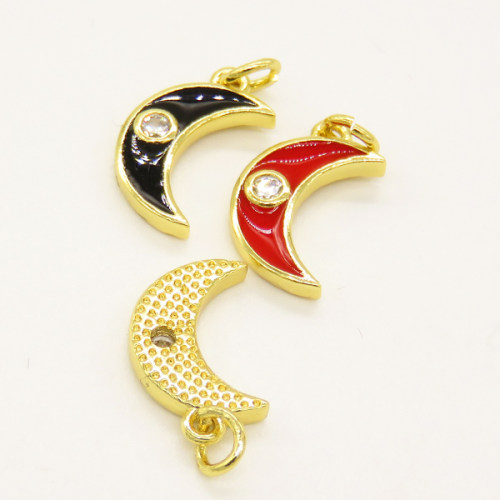 Brass Enamel Pendant,with Cubic Zirconia,Moon,Random Mixed Color,13x9mm,Hole:3mm,about 0.84g/pc,5 pcs/package,XFPC00891vaia-L002