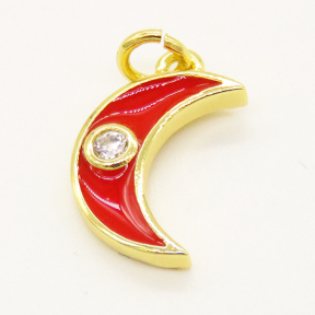 Brass Enamel Pendant,with Cubic Zirconia,Moon,Random Mixed Color,13x9mm,Hole:3mm,about 0.84g/pc,5 pcs/package,XFPC00891vaia-L002