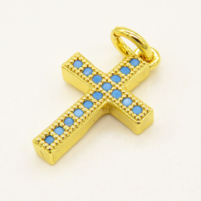 Brass Micro Pave Cubic Zirconia Pendant,Cross,Random Mixed Color,15x10mm,Hole:3mm,about 0.84g/pc,5 pcs/package,XFPC00901vail-L002
