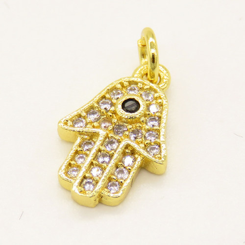 Brass Micro Pave Cubic Zirconia Pendant,Hamsa Hand/Hand of Fatima/Hand of Miriam,Golden,14x9mm,Hole:3mm,about 0.76g/pc,5 pcs/package,XFPC00914vail-L002