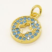 Brass Micro Pave Turquoise Pendant,Clover,Flat Round,Golden,11mm,Hole:3mm,about 0.92g/pc,5 pcs/package,XFPC00920avja-L002