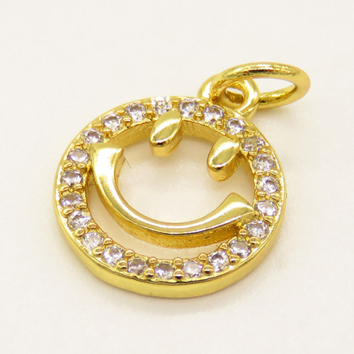Brass Micro Pave Cubic Zirconia Pendant,Smiley Face,Golden,12mm,Hole:3mm,about 0.76g/pc,5 pcs/package,XFPC00934vail-L002