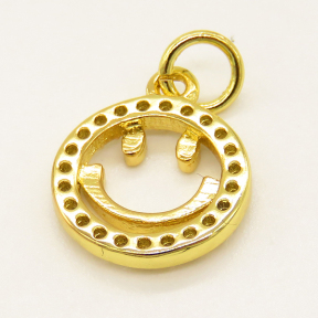 Brass Micro Pave Cubic Zirconia Pendant,Smiley Face,Golden,12mm,Hole:3mm,about 0.76g/pc,5 pcs/package,XFPC00934vail-L002