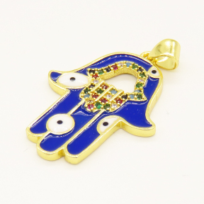 Brass Enamel Pendant,with Cubic Zirconia,Hamsa Hand/Hand of Fatima/Hand of Miriam,with Devil's Eye,Random Mixed Color,26x21mm,Hole:3mm,about 2.74g/pc,5 pcs/package,XFPC00943ablb-L002