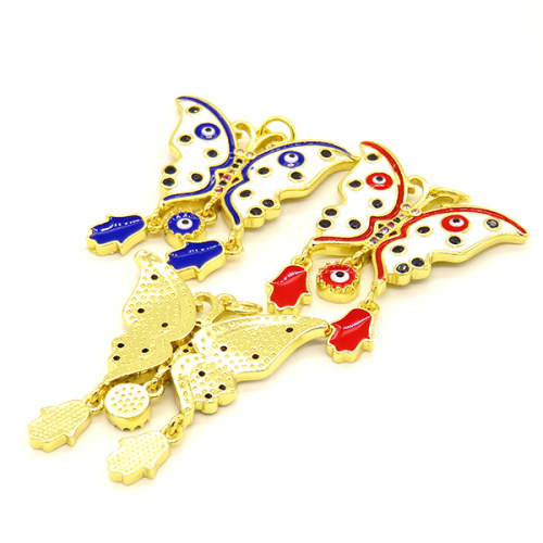 Brass Enamel Pendant,with Cubic Zirconia,Butterfly,with Devil's Eye and Hamsa Hand,Random Mixed Color,23x26mm,Hole:3.5mm,about 4.64g/pc,5 pcs/package,XFPC00988vbnb-L002