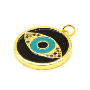 Brass Enamel Pendant,with Cubic Zirconia,Devil's Eye,Flat Round,Random Mixed Color,20mm,Hole:3mm,about 4.17g/pc,5 pcs/package,XFPC01023baka-L002