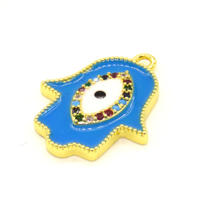 Brass Enamel Pendant,with Cubic Zirconia,Hamsa Hand/Hand of Fatima/Hand of Miriam,with Devil's Eye,Random Mixed Color,22x18mm,Hole:3mm,about 2.12g/pc,5 pcs/package,XFPC01027aajl-L002