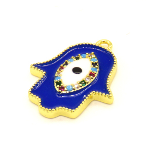 Brass Enamel Pendant,with Cubic Zirconia,Hamsa Hand/Hand of Fatima/Hand of Miriam,with Devil's Eye,Random Mixed Color,22x18mm,Hole:3mm,about 2.12g/pc,5 pcs/package,XFPC01027aajl-L002
