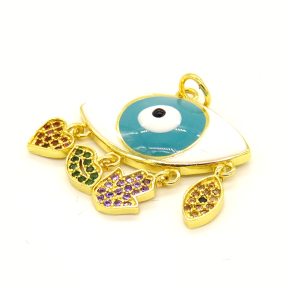 Brass Enamel Pendant,with Cubic Zirconia,Devil's Eye,with Hamsa Hand and Lips,and Heart,Random Mixed Color,12x22mm,Hole:3mm,about 2.96g/pc,5 pcs/package,XFPC01031vbmb-L002