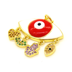 Brass Enamel Pendant,with Cubic Zirconia,Devil's Eye,with Hamsa Hand and Lips,and Heart,Random Mixed Color,12x22mm,Hole:3mm,about 2.96g/pc,5 pcs/package,XFPC01031vbmb-L002