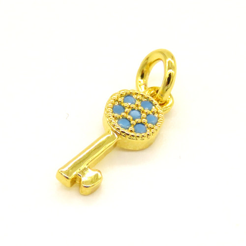 Brass Micro Pave Turquoise Pendant,Key,Golden,10x5mm,Hole:3mm,about 0.41g/pc,5 pcs/package,XFPC01048vail-L002