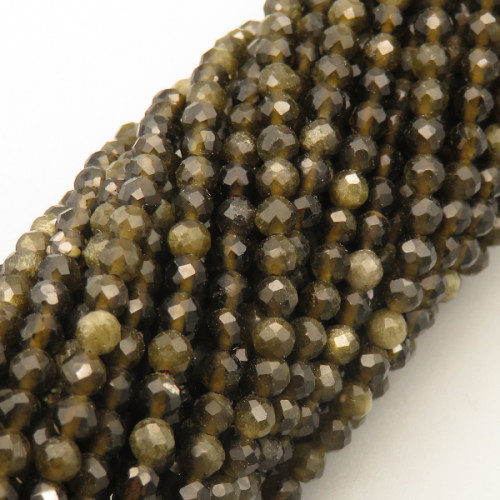 Natural Obsidian Beads Strands,Round,Faceted,Dark Brown,3mm,Hole:0.8mm,about 126 pcs/strand,about 6 g/strand,5 strands/package,14.96"(38cm),XBGB04792bbov-L020