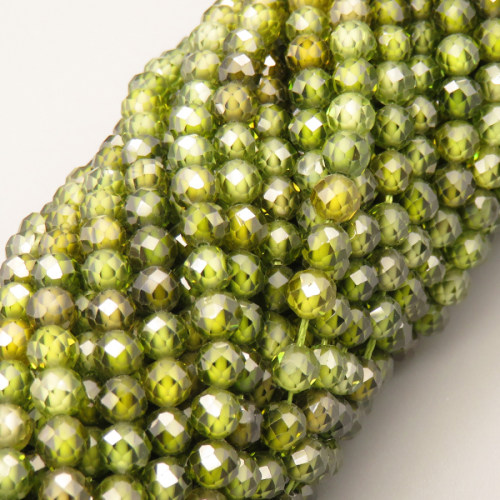 Cubic Zirconia Beads Strands,Round,Faceted,Army Green,Dyed
,4mm,Hole:0.5mm,about 95 pcs/strand,about 18 g/strand,5 strands/package,14.96"(38cm),XBGB04886vhkb-L020
