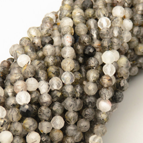 Natural Black Rutilated Quartz Beads Strands,Round,Faceted,Light Grey,4mm,Hole:0.8mm,about 95 pcs/strand,about 9 g/strand,5 strands/package,14.96"(38cm),XBGB04988vhha-L020