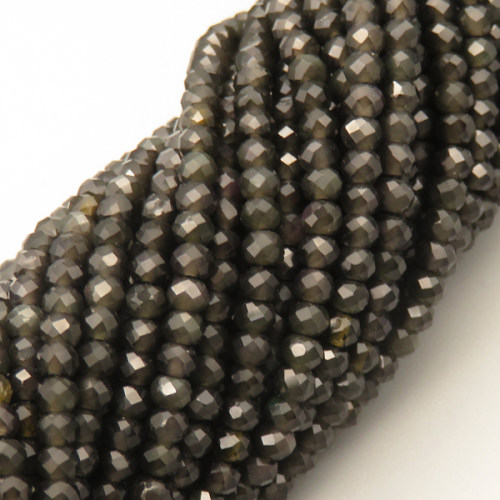 Natural Obsidian Beads Strands,Round Flat Bead,Faceted,Black,2x3mm,Hole:0.5mm,about 126 pcs/strand,about 6 g/strand,5 strands/package,14.96"(38cm),XBGB05018ahlv-L020