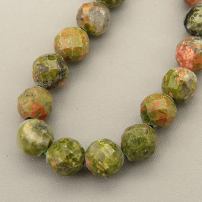 Natural Unakite Beads Strands,Round,Faceted,Green,5mm,Hole:1mm,about  76 pcs/strand,about 16.5 g/strand,5 strands/package,14.96"(38cm),XBGB05180ahlv-L020