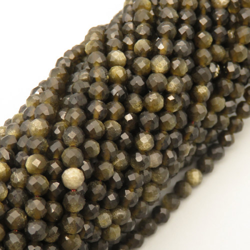 Natural Obsidian Beads Strands,Round,Faceted,Brown,3.5mm,Hole:0.8mm,about 108 pcs/strand,about 8 g/strand,5 strands/package,14.96"(38cm),XBGB05338bbov-L020