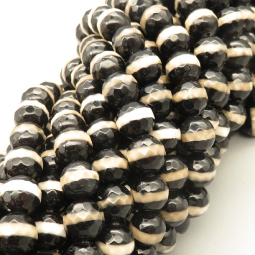 Natural Dzi Agate Beads Strands,Round,Faceted,Barrel Line,Black,10mm,Hole:1mm,about 38 pcs/strand,about 55 g/strand,5 strands/package,14.96"(38cm),XBGB05564vhkb-L020