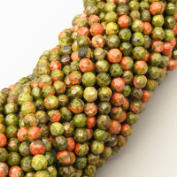 Natural Unakite Beads Strands,Round,Faceted,Grass Green,4mm,Hole:0.5mm,about 95 pcs/strand,about 9 g/strand,5 strands/package,14.96"(38cm),XBGB05758bbov-L020