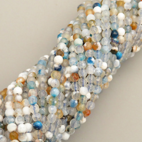 Natural Agate Beads Strands,Round,Faceted,White Blue Brown,3mm,Hole:0.8mm,about 126 pcs/strand,about 6 g/strand,5 strands/package,14.96"(38cm)
