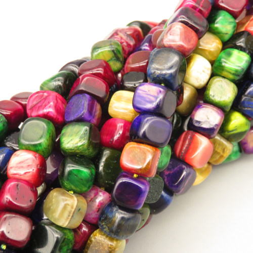 Natural Color Tiger Eye Beads Strands,Angle of Attack,Square,Dyed,Mixed Color,8x8mm,Hole:1.2mm,51 pcs/strand,36 g/strand,5 strands/package,14.96"(38cm),XBGB07082vhmv-L020