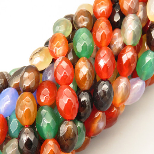 Natural Agate Beads Strands,Rice Grains,Faceted,Dyed,Mixed Color,8x12mm,Hole:1.2mm,32 pcs/strand,80 g/strand,5 strands/package,14.96"(38cm),XBGB07102bhia-L020