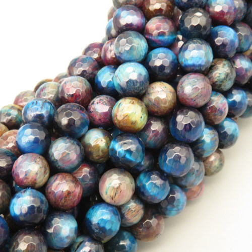 Natural Color Tiger Eye Beads Strands,Round,Faceted,Dyed,Cyan Blue Purple,8mm,Hole:1mm,47 pcs/strand,36 g/strand,5 strands/package,14.96"(38cm),XBGB07162ahpv-L020