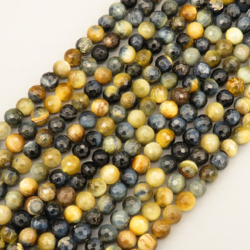 Natural Color Tiger Eye Beads Strands,Round,Faceted,Dyed,Yellow Dark Gray,6mm,Hole:1mm,63 pcs/strand,22 g/strand,5 strands/package,14.96"(38cm),XBGB07172vhmv-L020