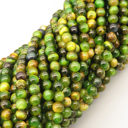 Natural Color Tiger Eye Beads Strands,Round,Dyed,Grass Green,4mm,Hole:0.8mm,95 pcs/strand,9 g/strand,5 strands/package,14.96"(38cm),XBGB07252ahjb-L020