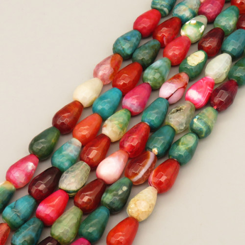 Natural Agate Beads Strands,Water Drop Pear Shape,Faceted,Dyed,Mixed Color Brown Red Cyan Blue,8x12mm,Hole:1.2mm,about 33 pcs/strand,about 75 g/strand,5 strands/package,14.96"(38cm),XBGB07274ahpv-L020