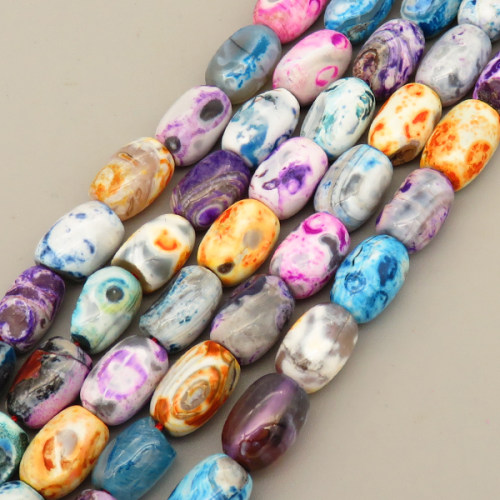 Natural Fire Agate Beads Strands,Bucket Beads,Dyed,Mixed Color Purple Yellow Orange,8x12mm,Hole:1.5mm,about 32 pcs/strand,about 75 g/strand,5 strands/package,14.96"(38cm),XBGB07290ahpv-L020