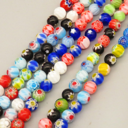 Millefiori Glass Beads Strands,Thousand Flowers,Round,Mixed Color,6mm,Hole:0.8mm,about 63 pcs/strand,about 22 g/strand,5 strands/package,14.96"(38cm),XBG00796vbnb-L020